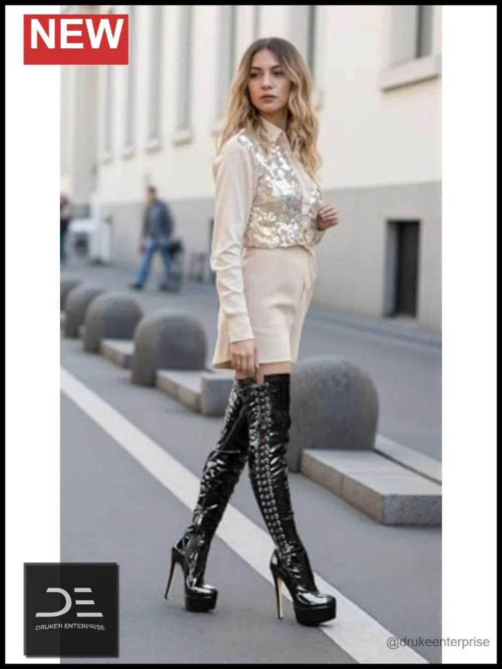 Women's Over-the-Knee Platform Stiletto Lace-up Boots Patent Leather 5.9